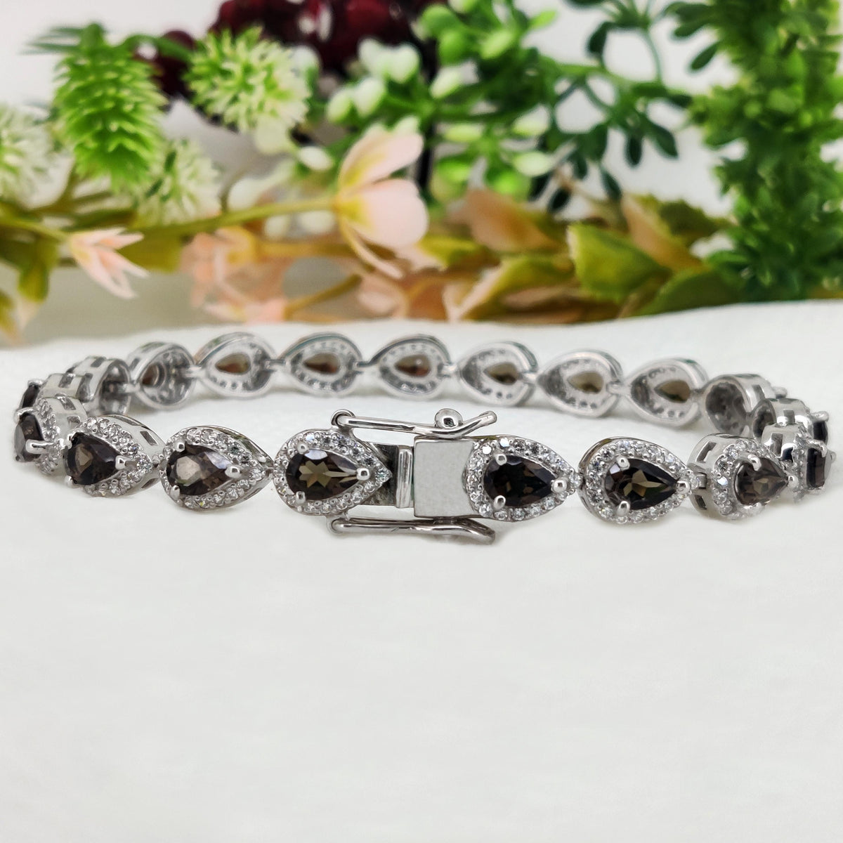 Smoky Quartz Tennis Bracelet: Pear Cut, 925 Sterling Silver