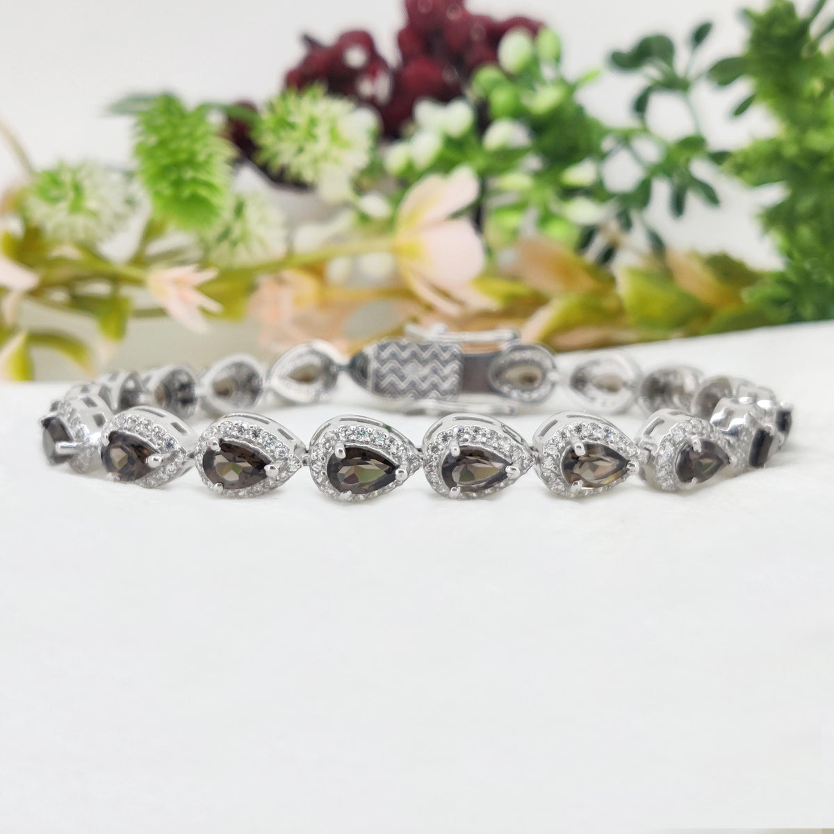 Smoky Quartz Tennis Bracelet: Pear Cut, 925 Sterling Silver