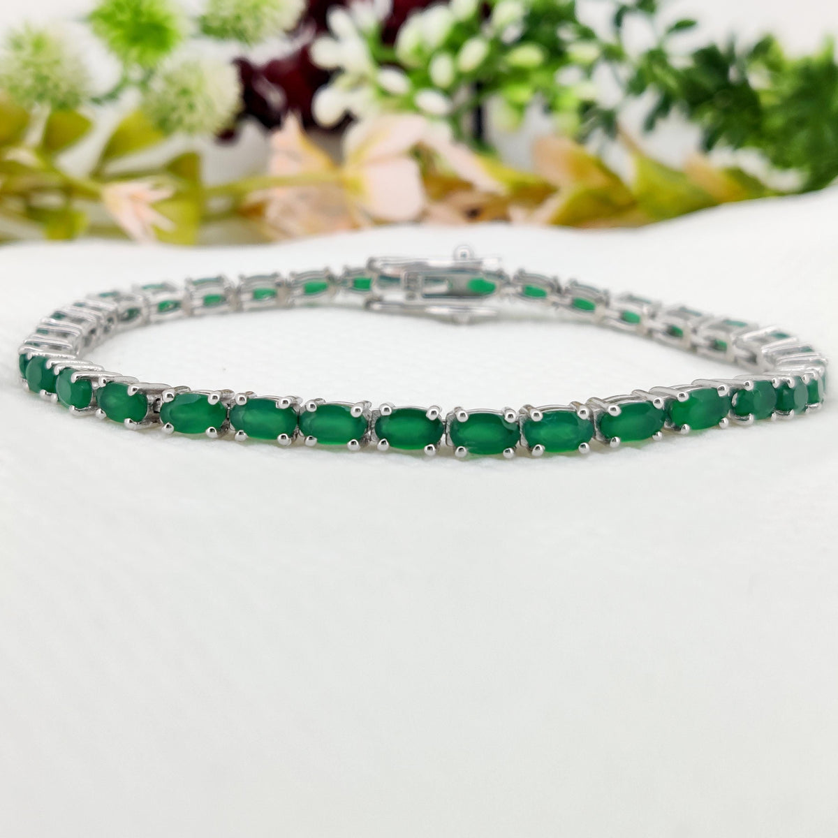 Green Onyx Sterling Silver Bracelet: Handmade May Birthstone Tennis Bracelet
