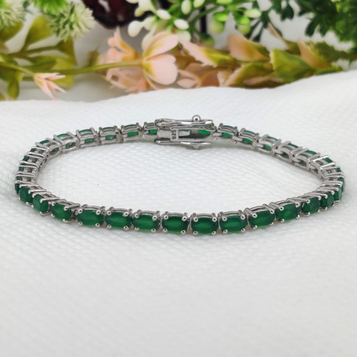 Green Onyx Sterling Silver Bracelet: Handmade May Birthstone Tennis Bracelet