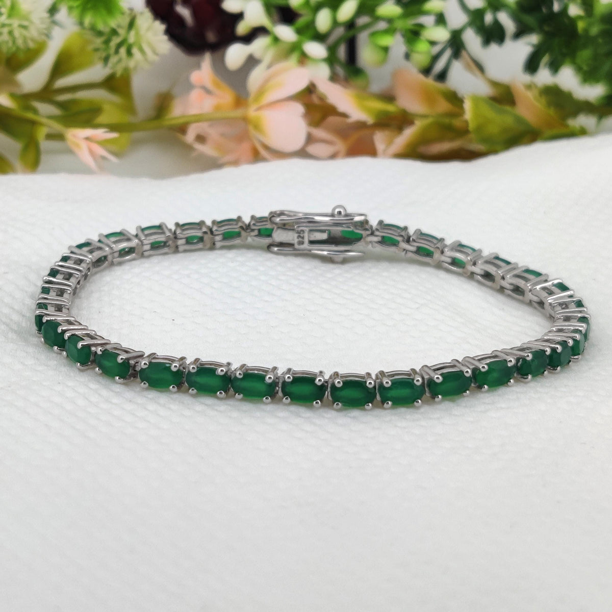 Green Onyx Sterling Silver Bracelet: Handmade May Birthstone Tennis Bracelet
