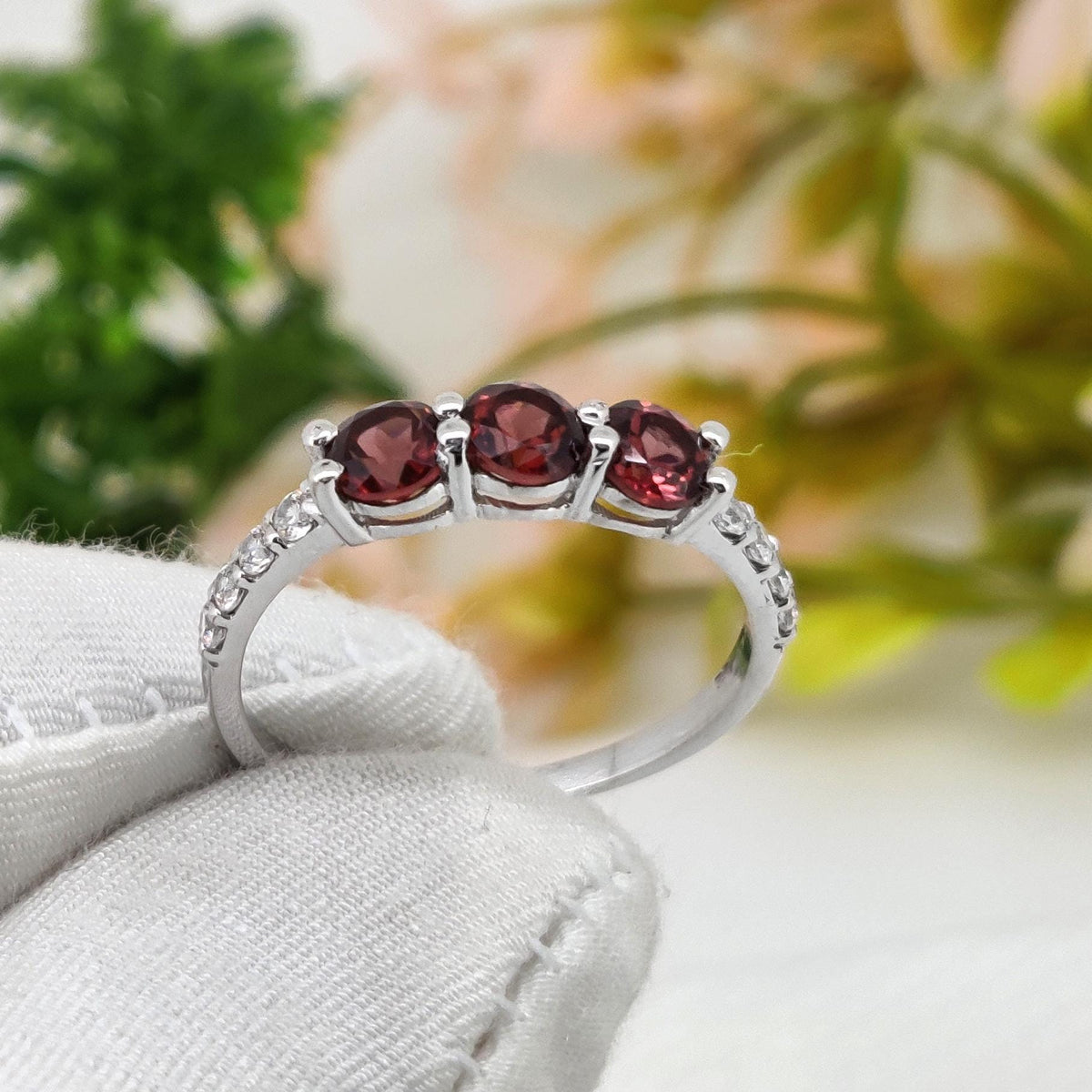 Natural Garnet Ring: Silver Handmade Stacking ring, Round Gemstone