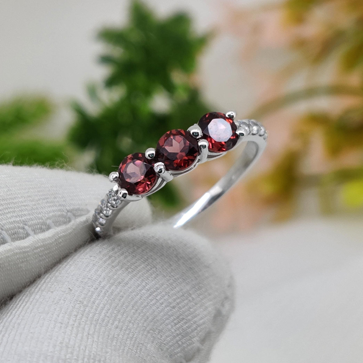 Natural Garnet Ring: Silver Handmade Stacking ring, Round Gemstone