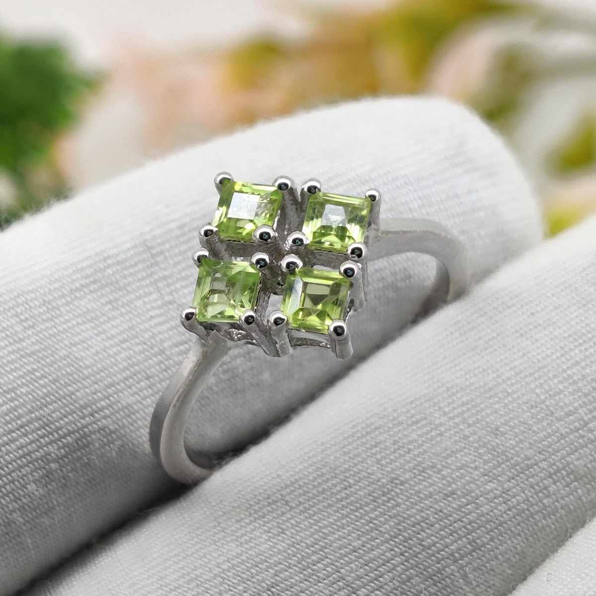 Green Peridot Square Sterling Silver Cocktail Ring, Anniversary Gift