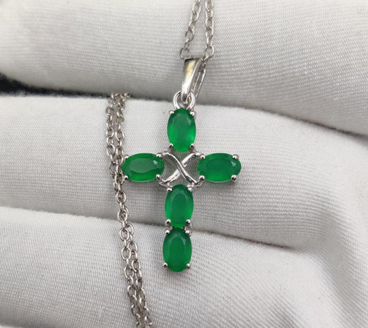 Green Onyx Holy Cross Pendant Necklace, Sterling Silver, May Birthstone, Religious Jewelry