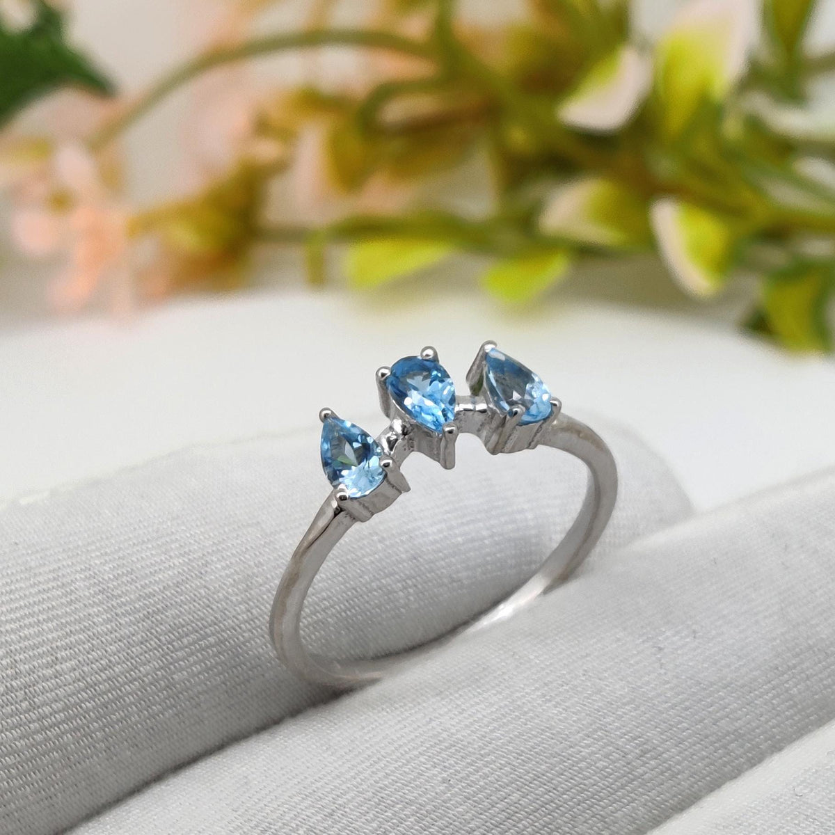 925 Silver Blue Topaz Ring: Pear Cut December Gift for her