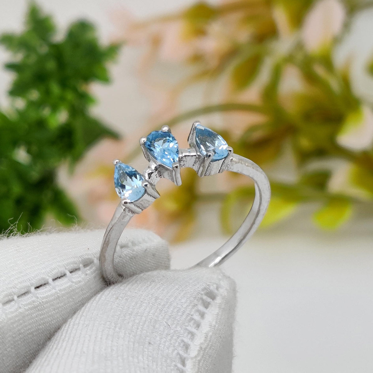 925 Silver Blue Topaz Ring: Pear Cut December Gift for her