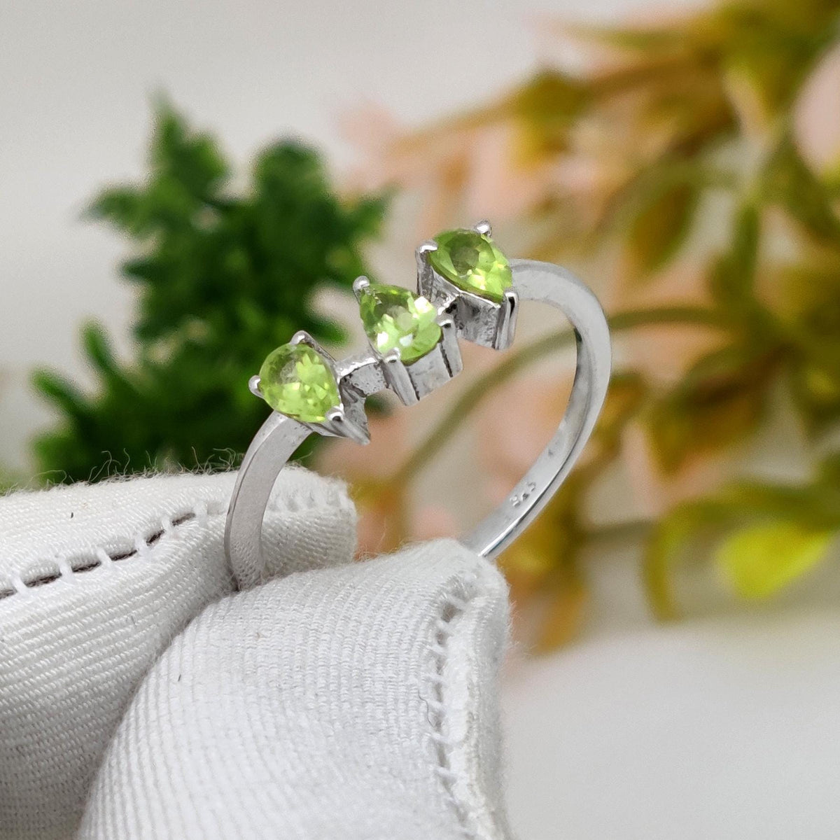 925 Silver Peridot Ring: Pear Cut December Gift for her