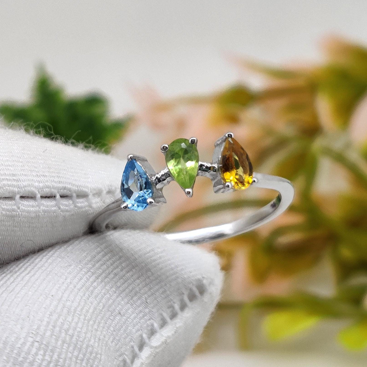 Multi Stone Silver Ring: Blue Topaz - Citrine - Peridot Handmade Gemstone Ring