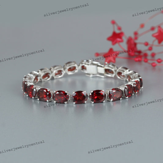925 Sterling Silver Oval Garnet Tennis Bracelet, January Birthstone, Cocktail Jewelry