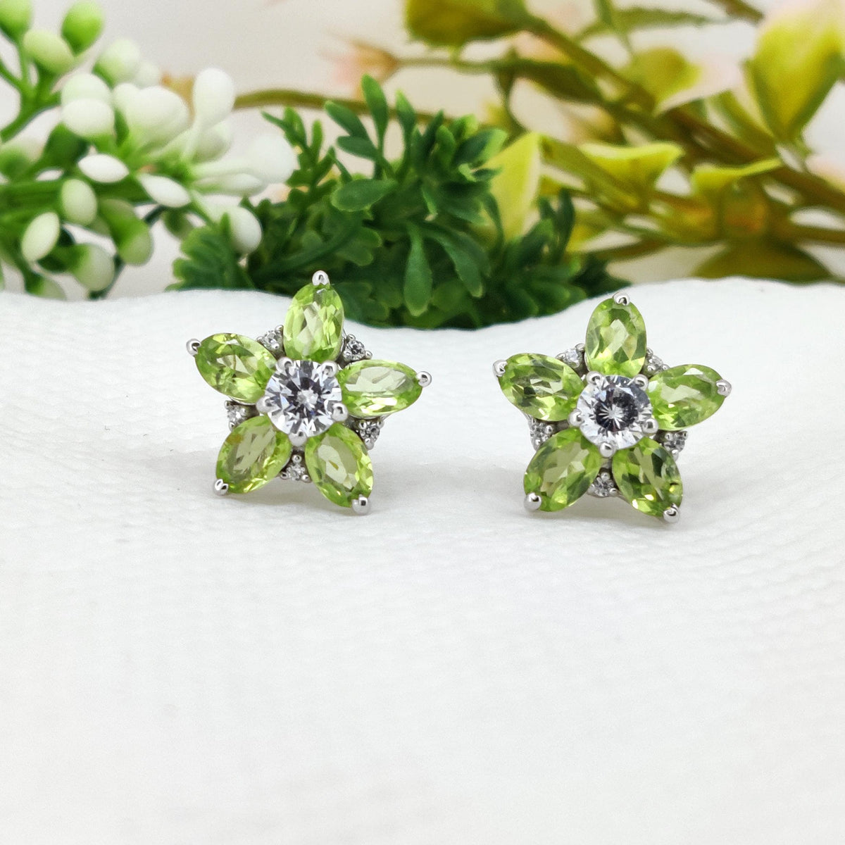 Peridot Flower Stud Earrings: August Birthstone, Sterling Silver