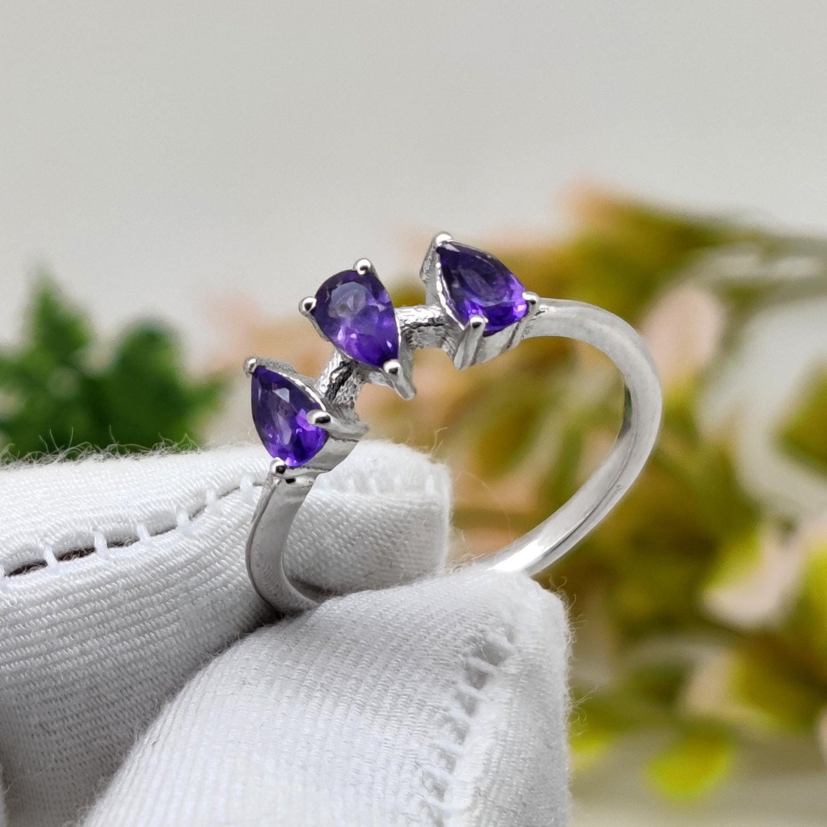 Amethyst Pear Ring: Handmade 925 Sterling Silver Gemstone February Birthday