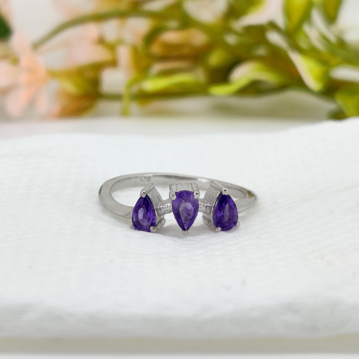 Amethyst Pear Ring: Handmade 925 Sterling Silver Gemstone February Birthday