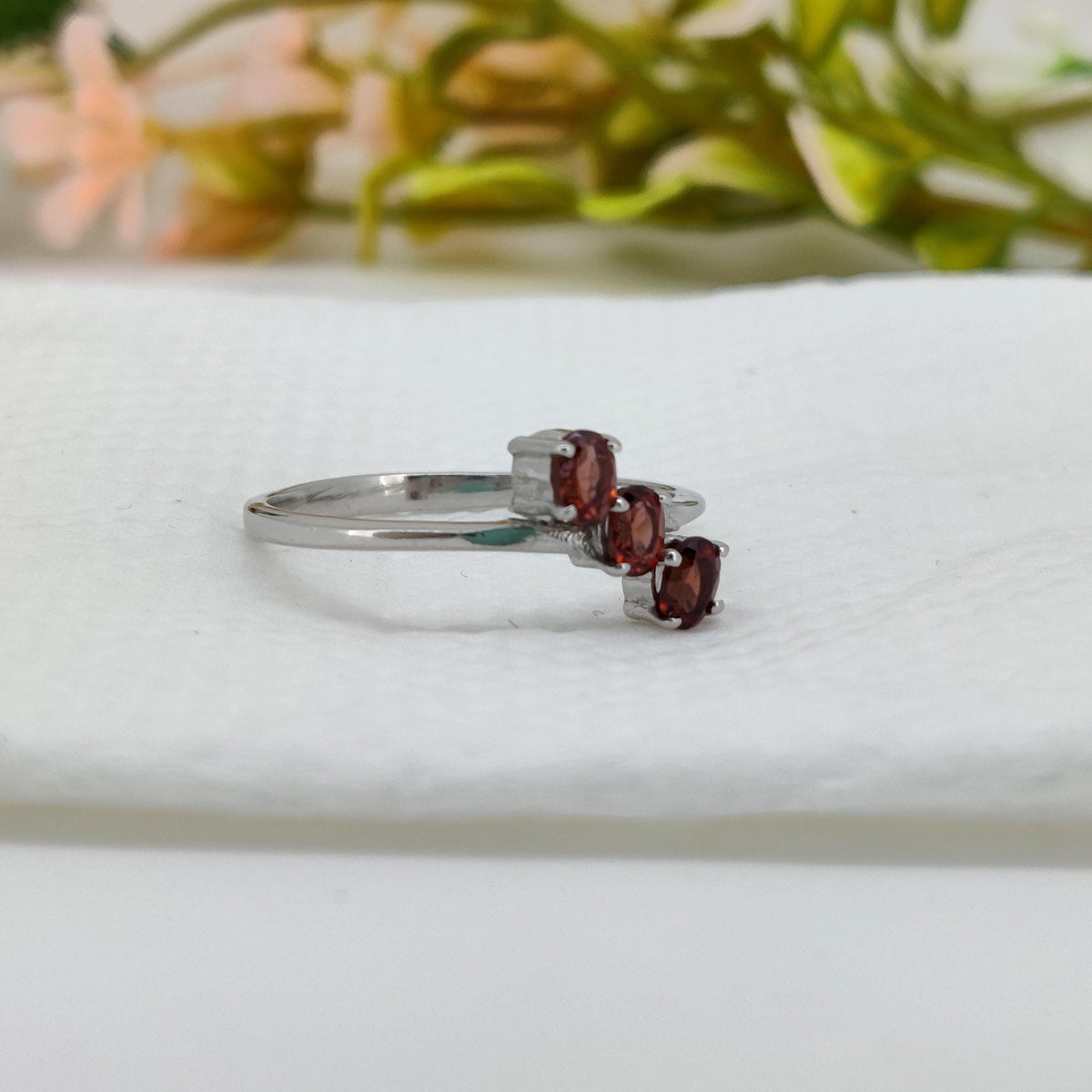 Garnet Sterling Silver Ring: Oval Gemstone Stacking Band Ring