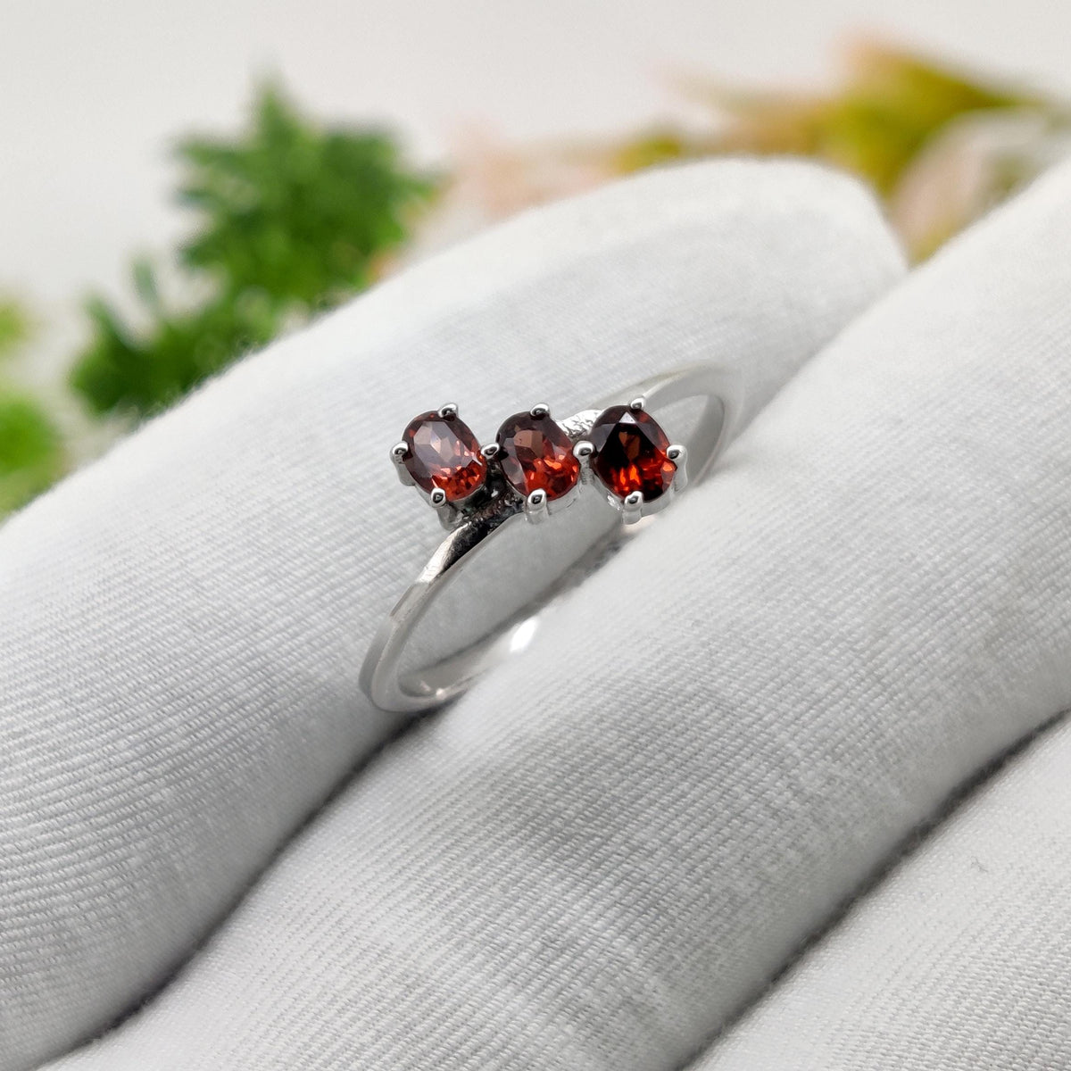 Garnet Sterling Silver Ring: Oval Gemstone Stacking Band Ring