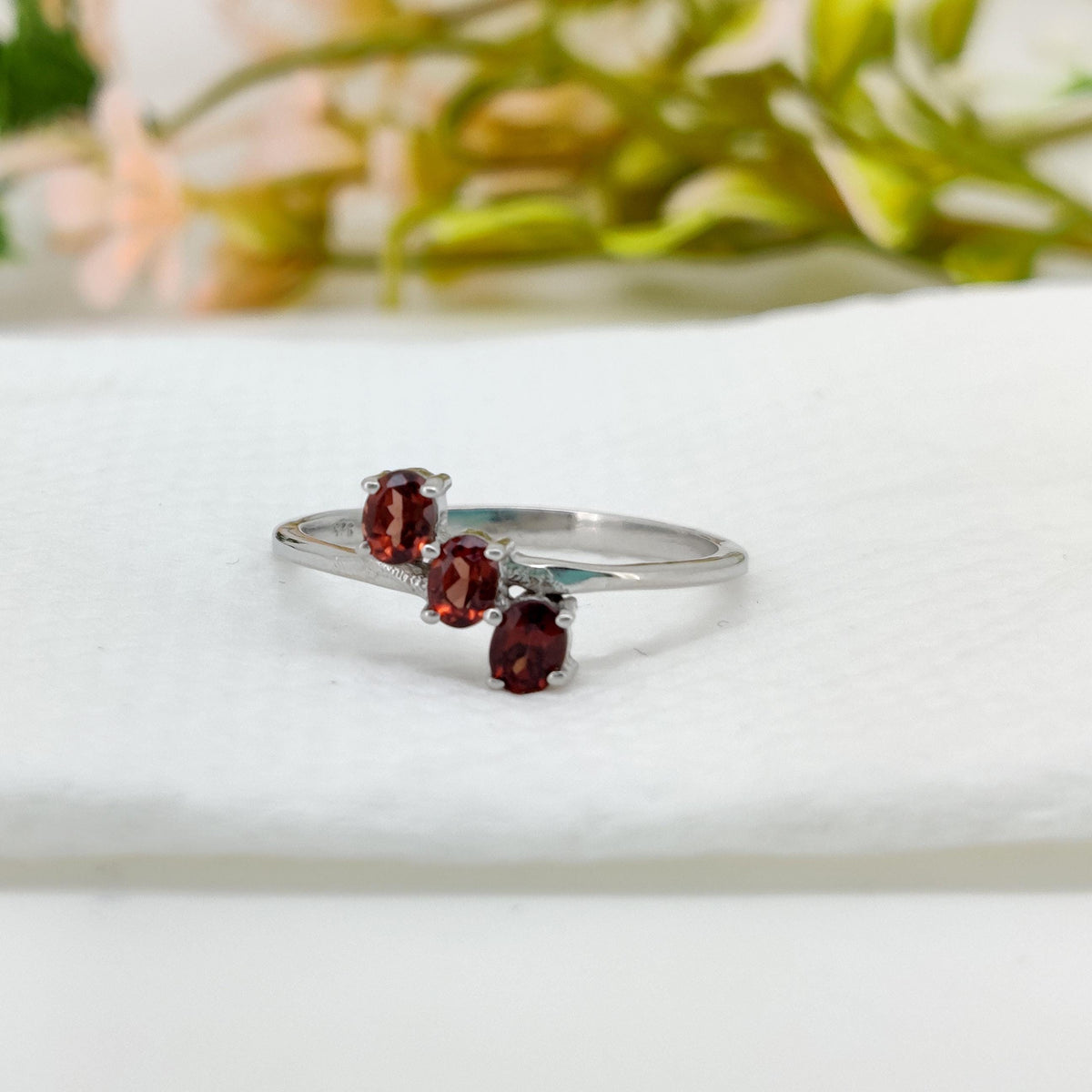 Garnet Sterling Silver Ring: Oval Gemstone Stacking Band Ring