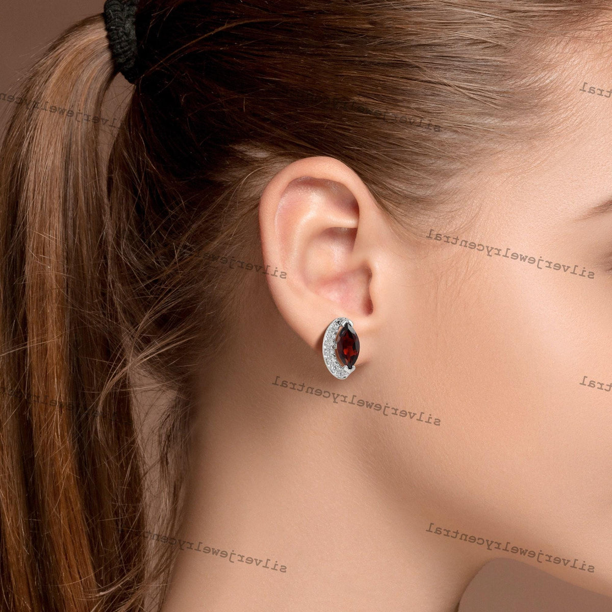 Marquise Garnet Stud Earrings, 925 Sterling Silver, January Birthstone, Minimalist Gemstone