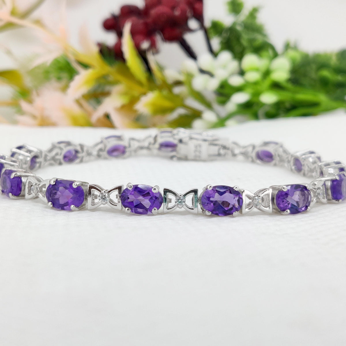 Natural Amethyst Tennis Bracelet-Sterling Silver-Oval Gemstone-February Birthstone