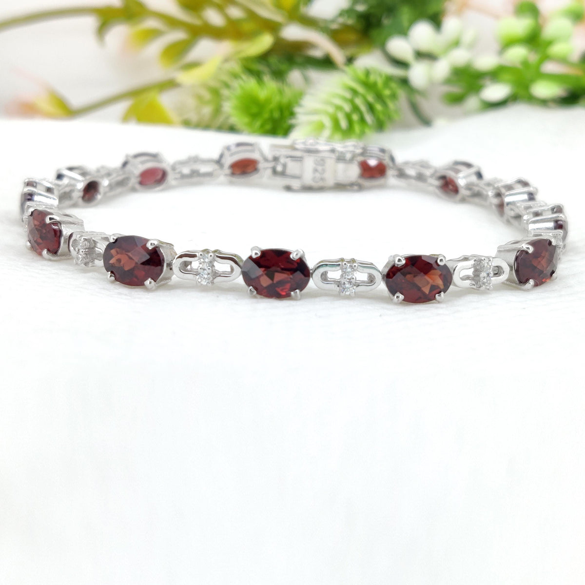 Garnet Tennis Bracelet- Sterling Silver Jewelry-Oval Cut Garnet-January Birthstone-Handmade Gemstone Bracelet-Gift for Her