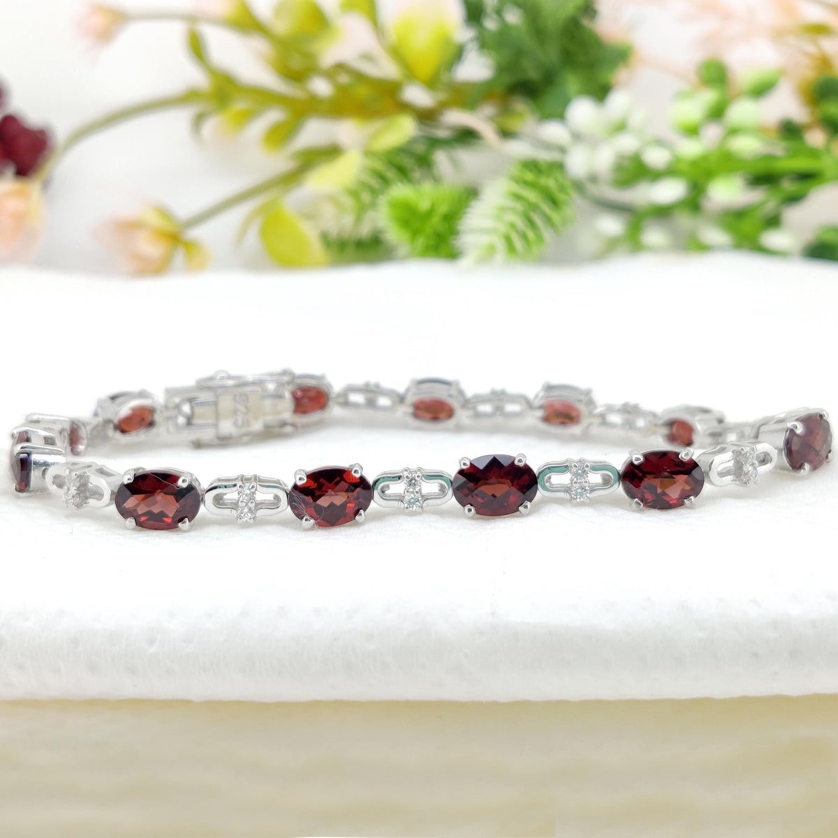 Garnet Tennis Bracelet- Sterling Silver Jewelry-Oval Cut Garnet-January Birthstone-Handmade Gemstone Bracelet-Gift for Her