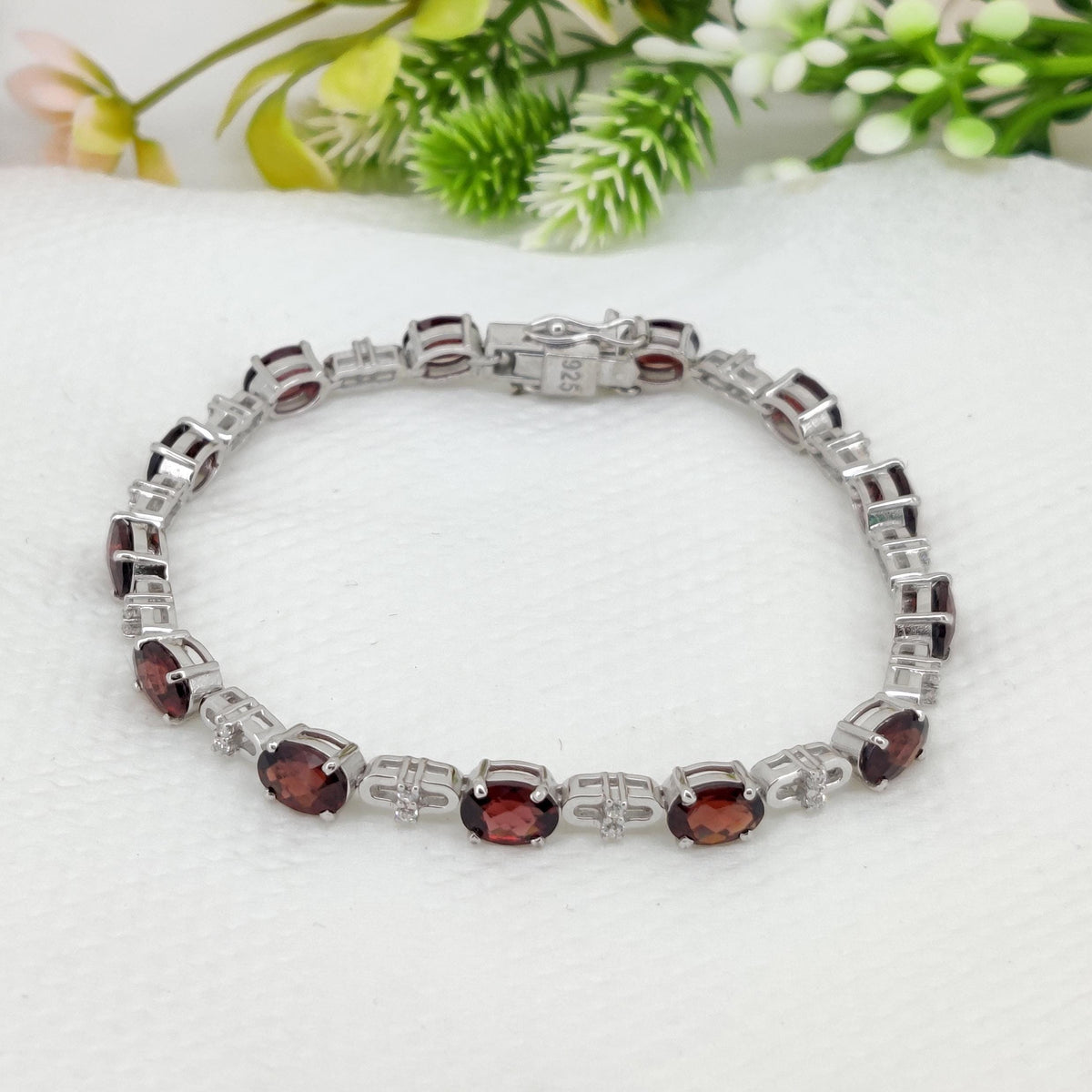 Garnet Tennis Bracelet- Sterling Silver Jewelry-Oval Cut Garnet-January Birthstone-Handmade Gemstone Bracelet-Gift for Her