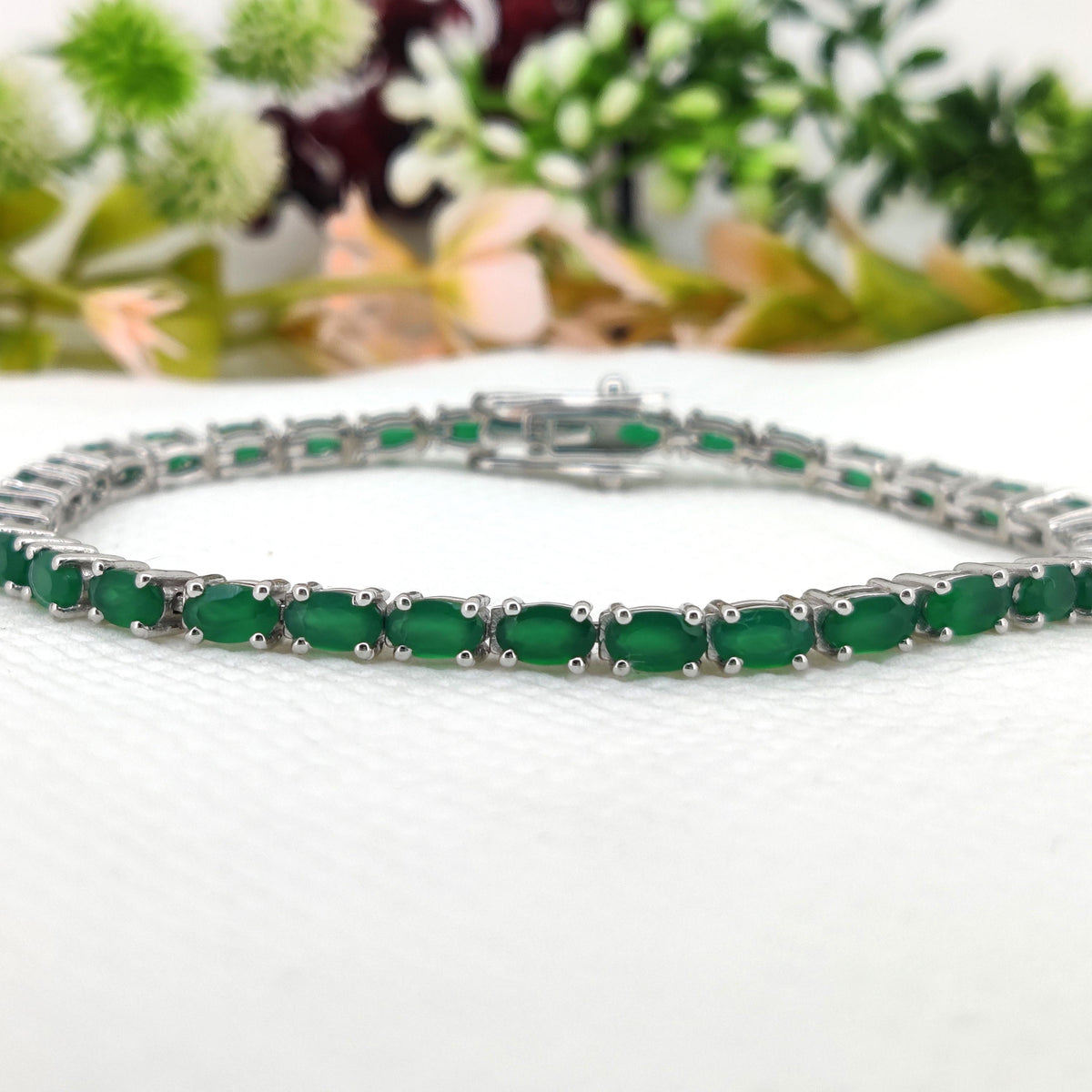 Green Onyx Sterling Silver Bracelet: Handmade May Birthstone Tennis Bracelet