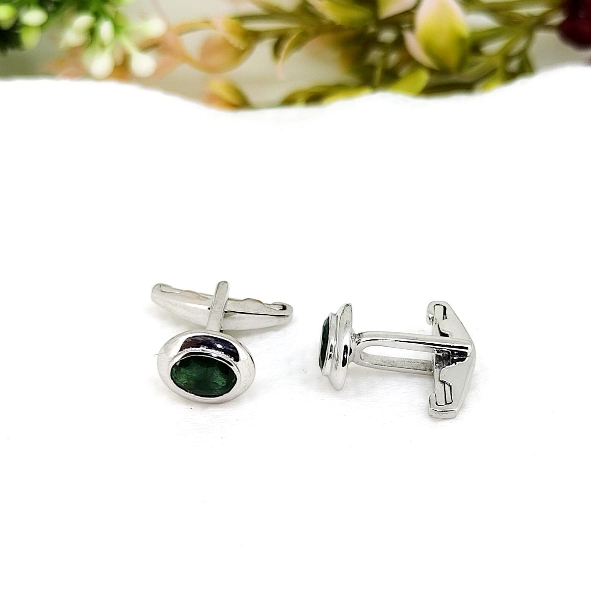 Emerald Cufflinks, Sterling Silver, Oval Cut Gemstone, Anniversary Gift-Men's Accessories, Gift for Him-Her