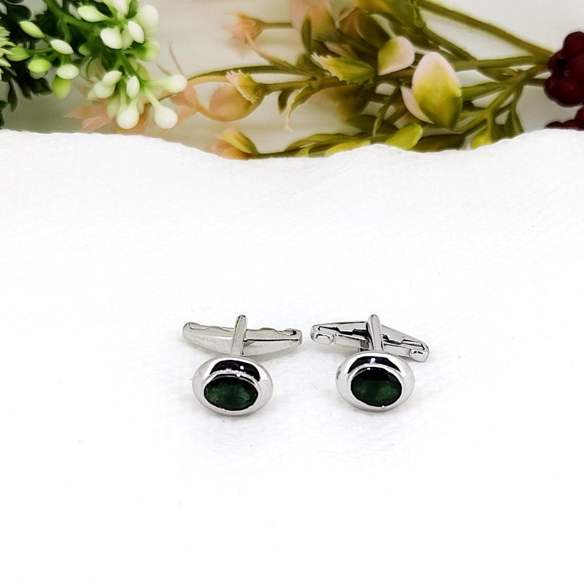 Emerald Cufflinks, Sterling Silver, Oval Cut Gemstone, Anniversary Gift-Men's Accessories, Gift for Him-Her