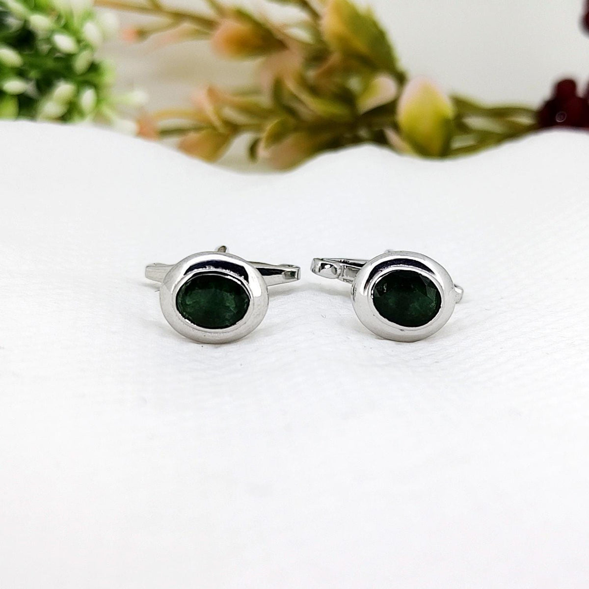 Emerald Cufflinks, Sterling Silver, Oval Cut Gemstone, Anniversary Gift-Men's Accessories, Gift for Him-Her