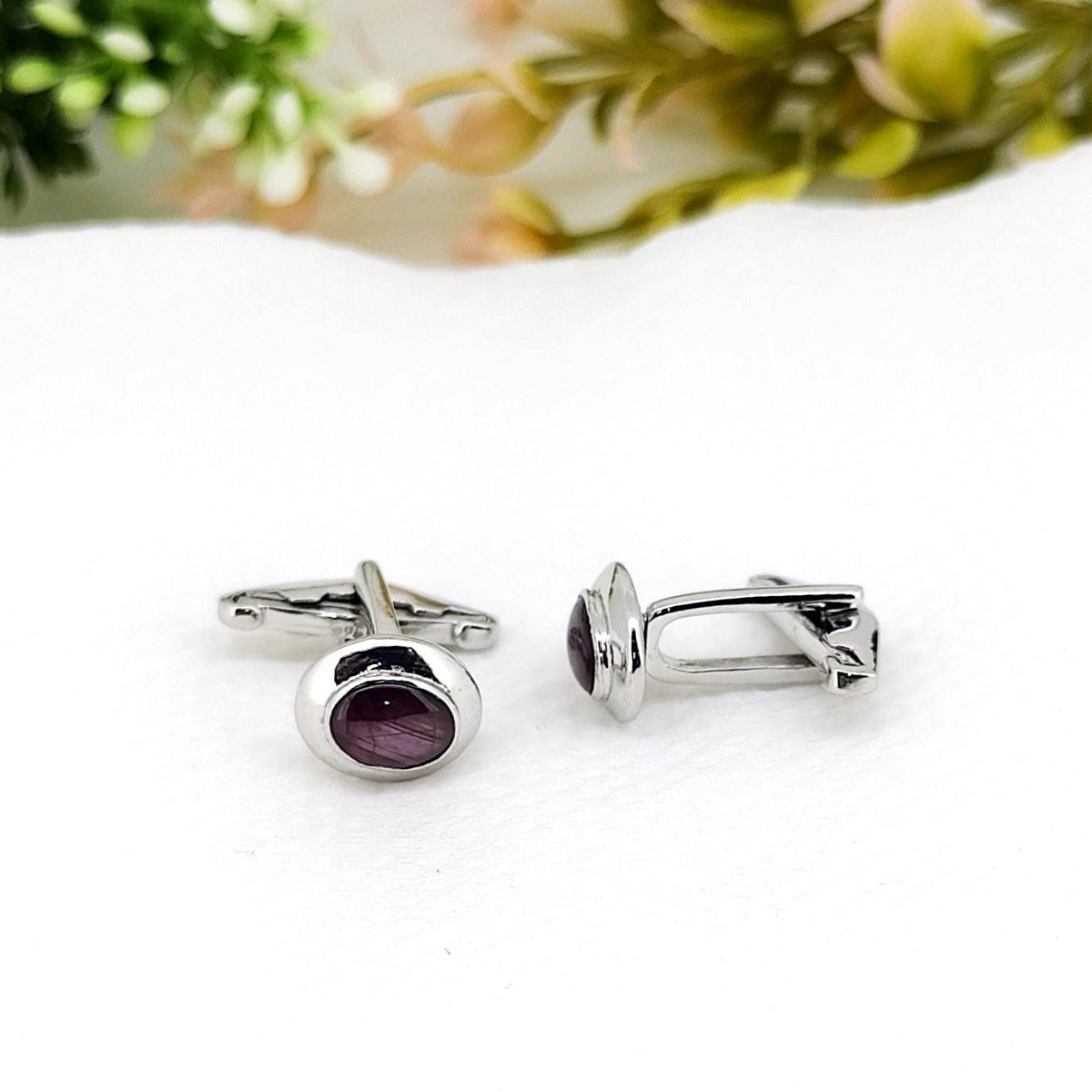 Handmade Ruby Star Cufflinks, Sterling Silver Oval Gemstone