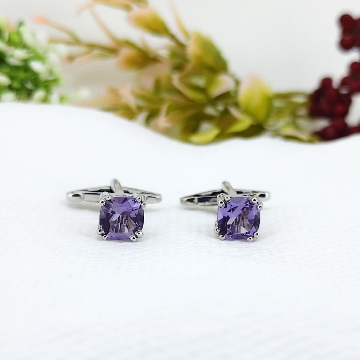 Purple Amethyst Sterling Silver Cufflinks, Cushion Cut Gemstone, February Birthstone, Groom Gift