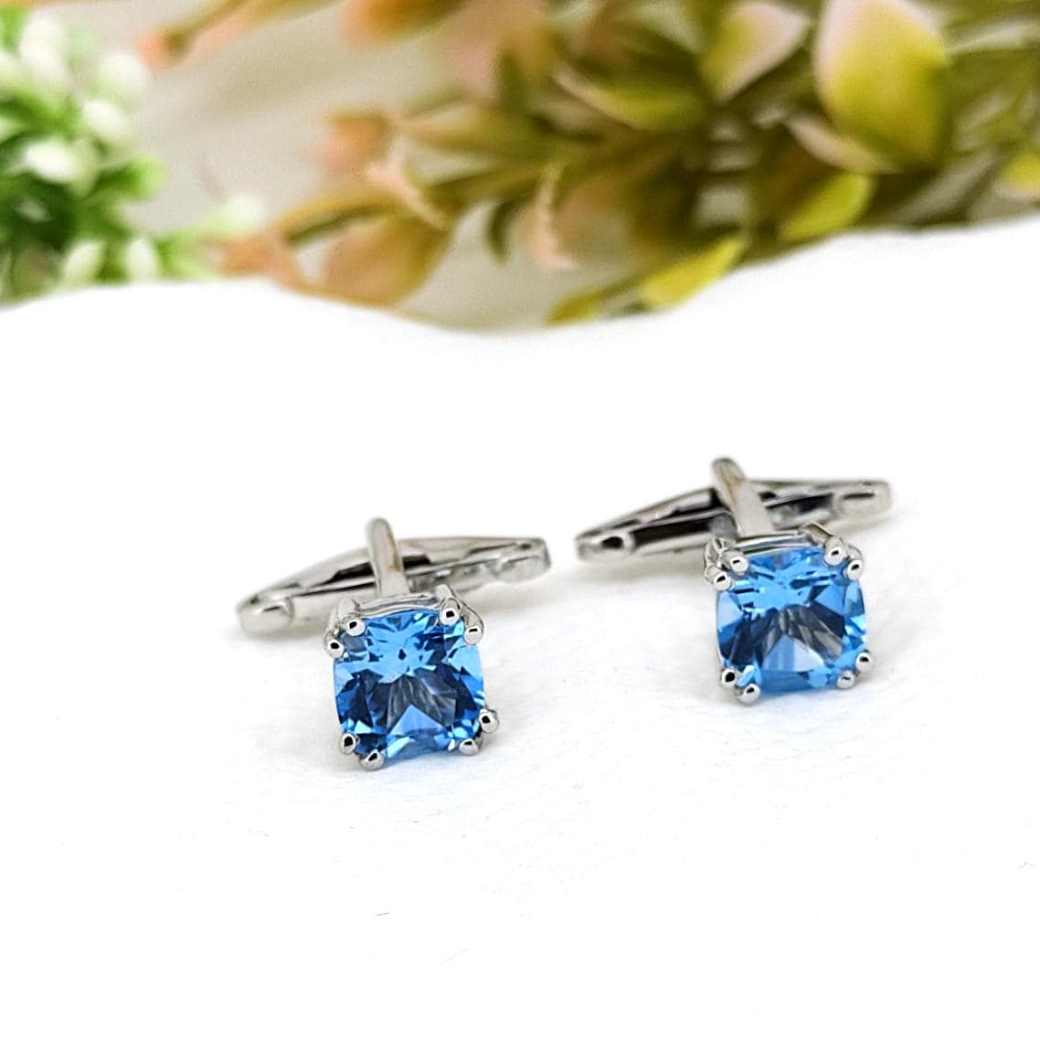 Minimalist Swiss Blue Topaz Cufflinks: Sterling Silver, December Birthstone, Formal Wear