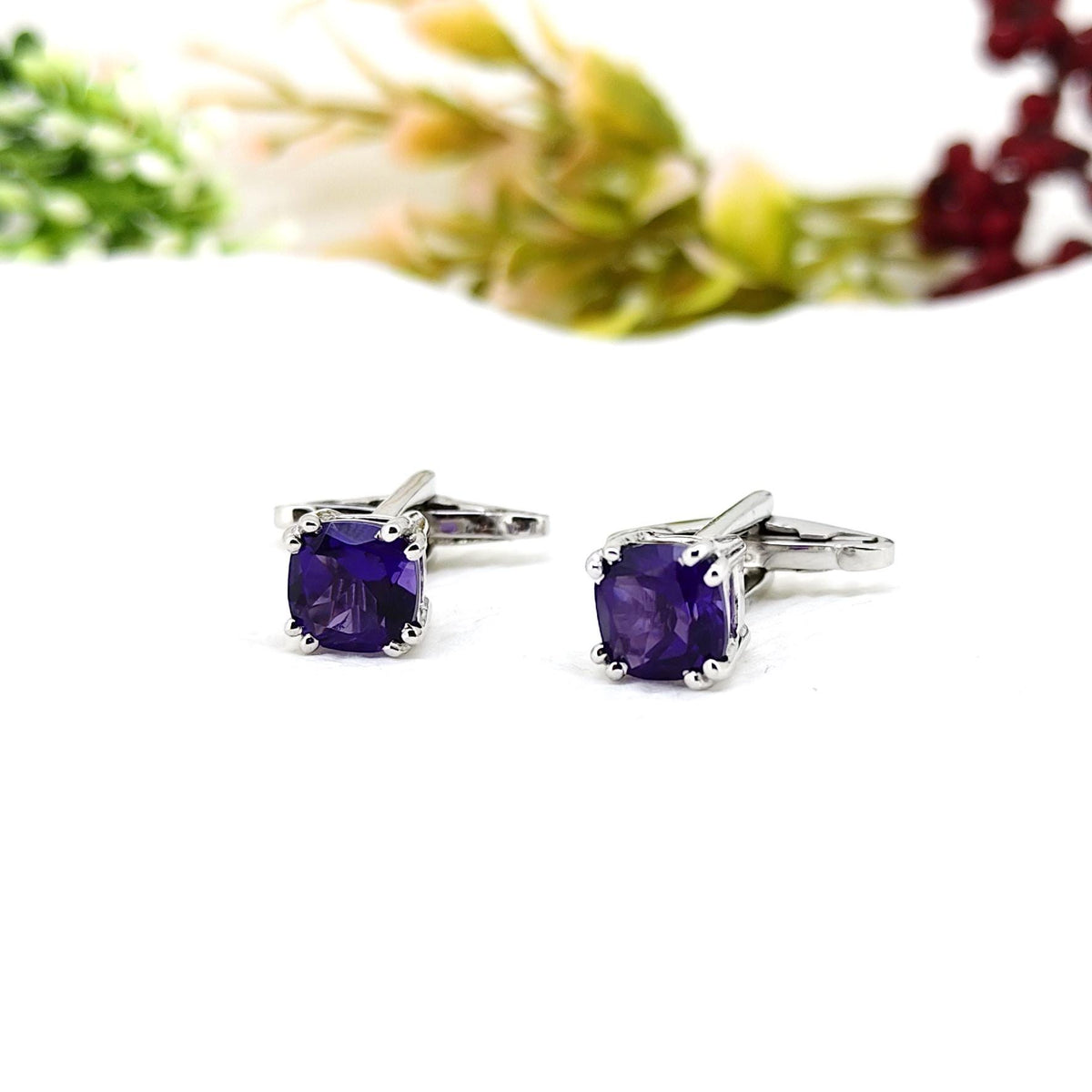 Handmade Amethyst Cufflinks-Sterling Silver Purple Gemstone -February Birthstone Formal Wear Cufflinks