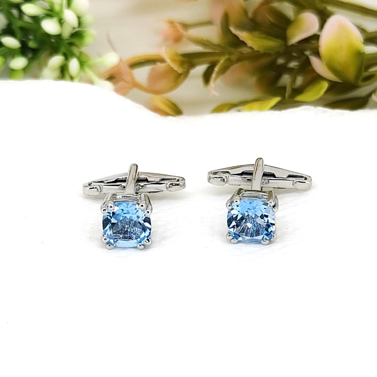 Natural Blue Topaz Cufflinks- Handmade Sterling Silver Gemstone-December Birthstone