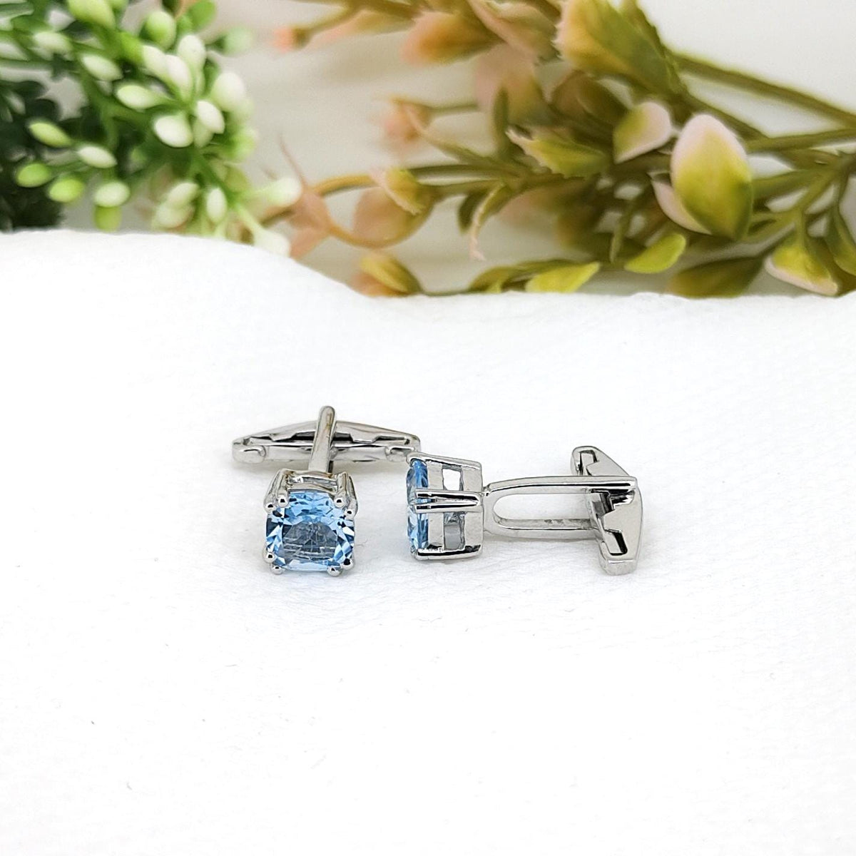Natural Blue Topaz Cufflinks- Handmade Sterling Silver Gemstone-December Birthstone