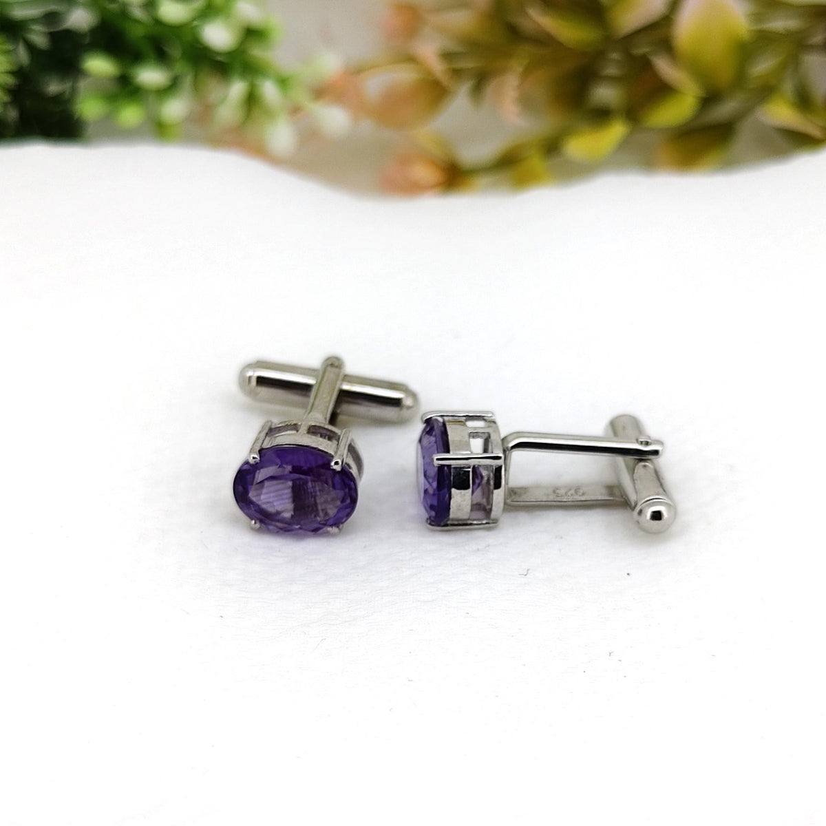 Amethyst Sterling Silver Cufflinks- Handmade Purple Oval Gemstone -February Birthstone- Gifts For Him