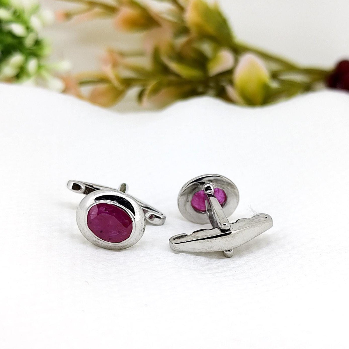 Handmade Oval Ruby Cufflinks, Sterling Silver Gemstone, July Birthstone