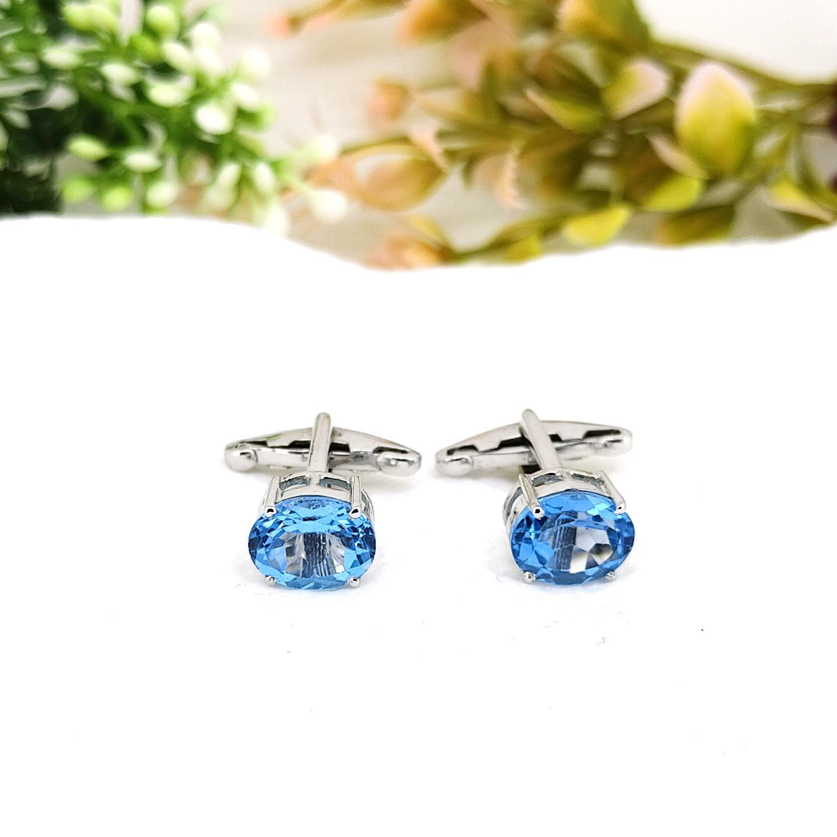 Handmade Swiss Blue Topaz Cufflinks, Sterling Silver Oval Gemstone