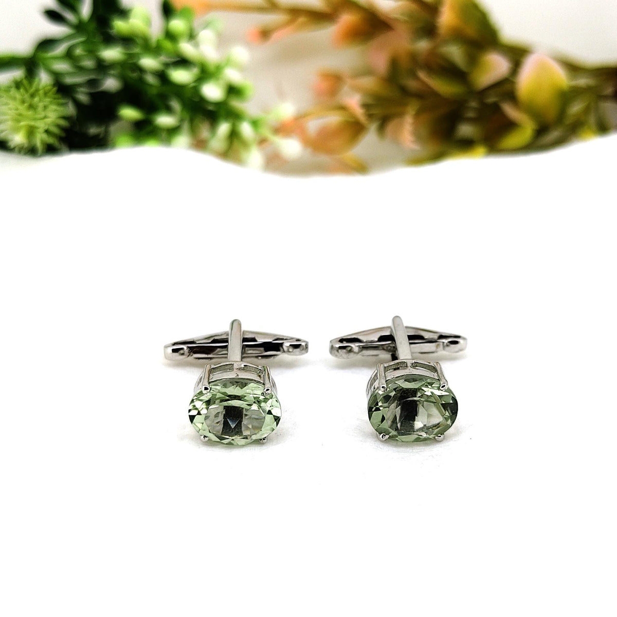 Green Amethyst Cufflinks Sterling Silver Oval Gemstone February Birthstone Gift for Him