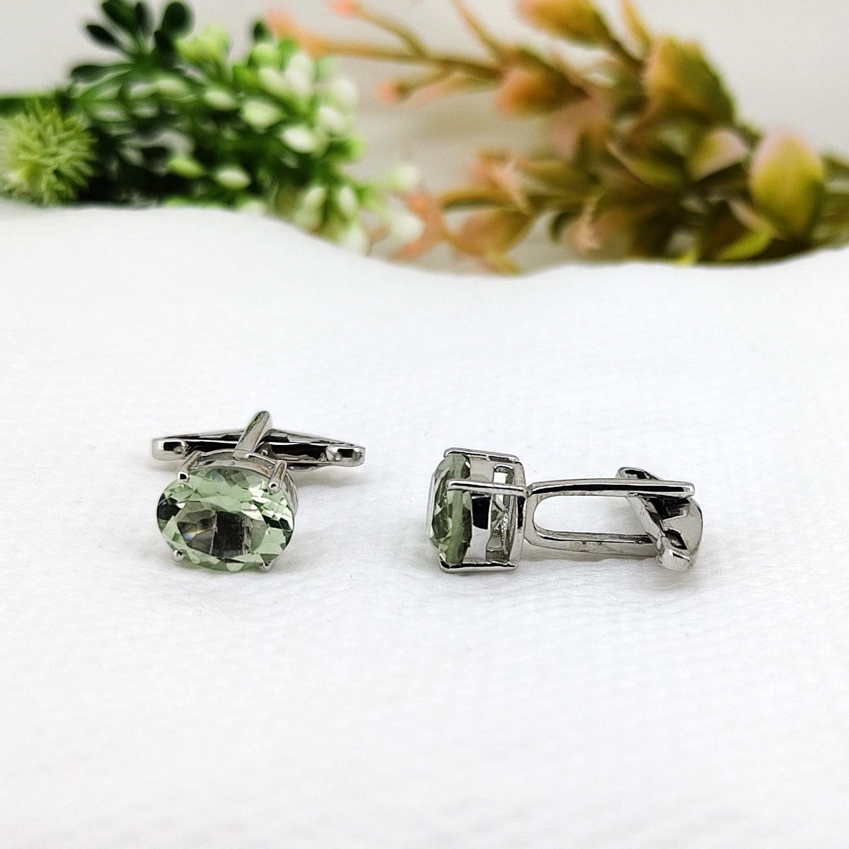 Green Amethyst Cufflinks Sterling Silver Oval Gemstone February Birthstone Gift for Him