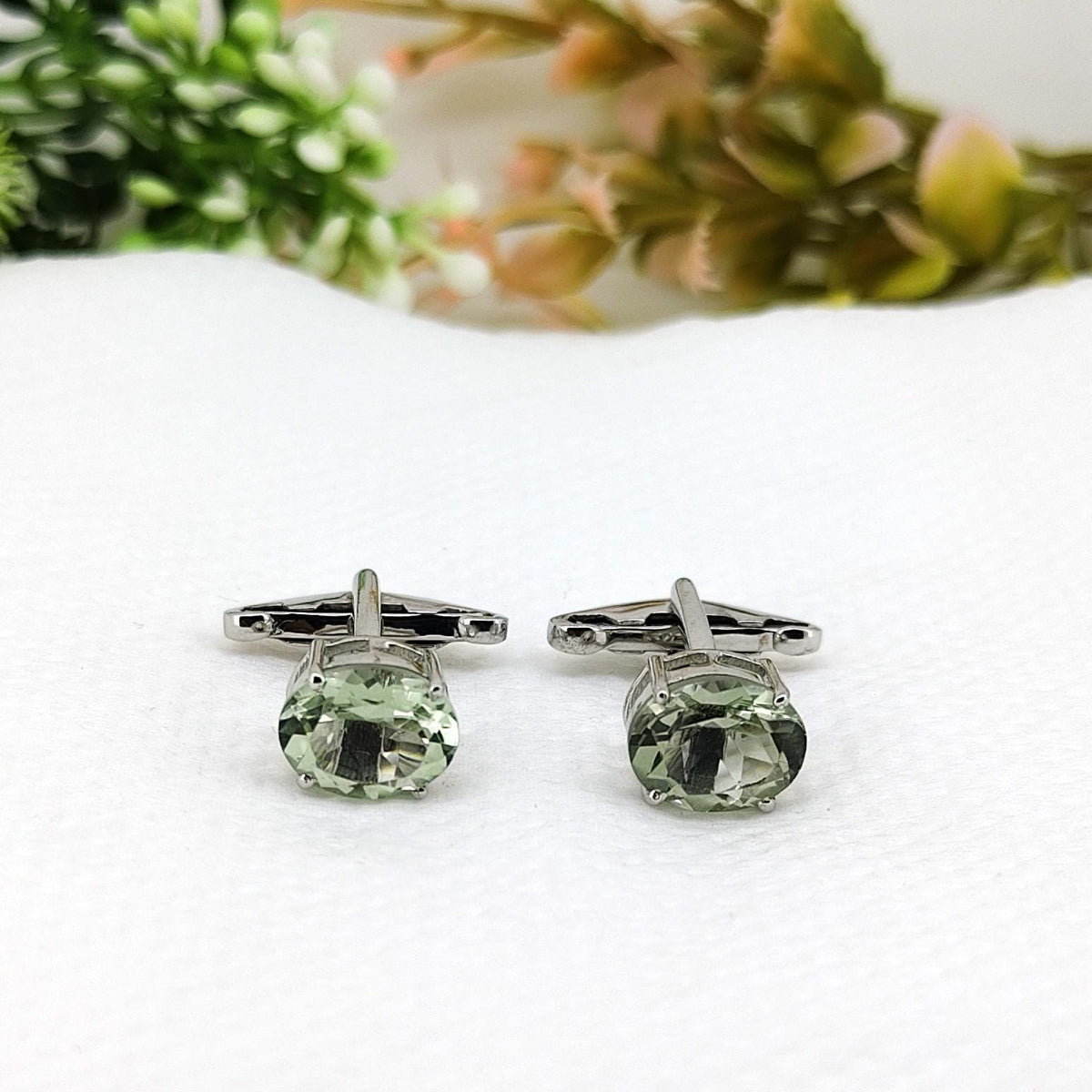 Green Amethyst Cufflinks Sterling Silver Oval Gemstone February Birthstone Gift for Him