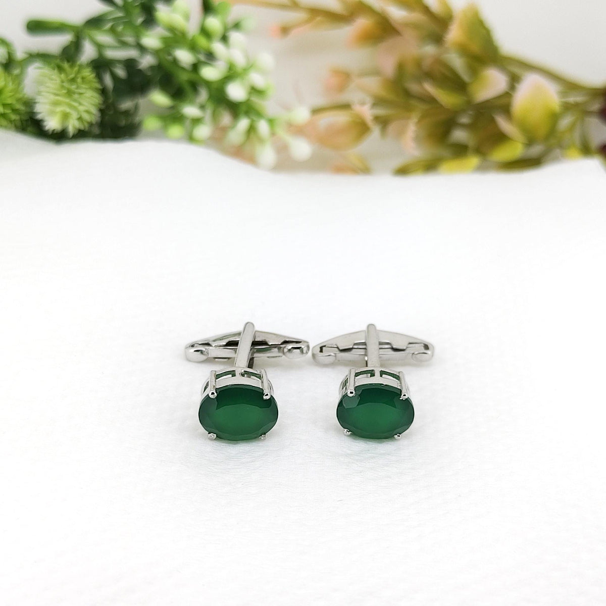 Green Onyx Cufflinks Sterling Silver, May Birthstone Gift for Him, Handmade Oval Men's