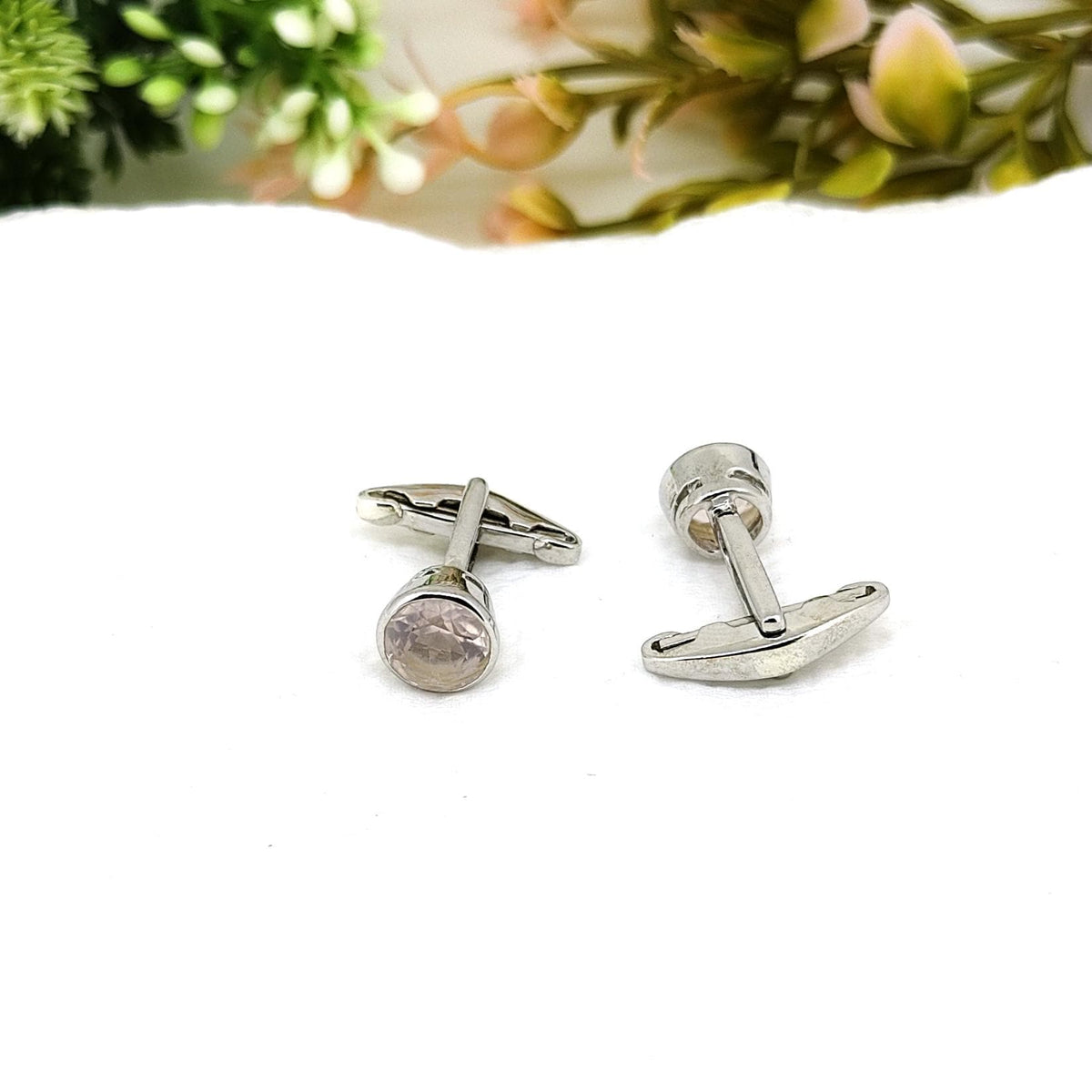 Rose Quartz Sterling Silver Cufflinks, Handmade Gemstone Anniversary Gift for Husband