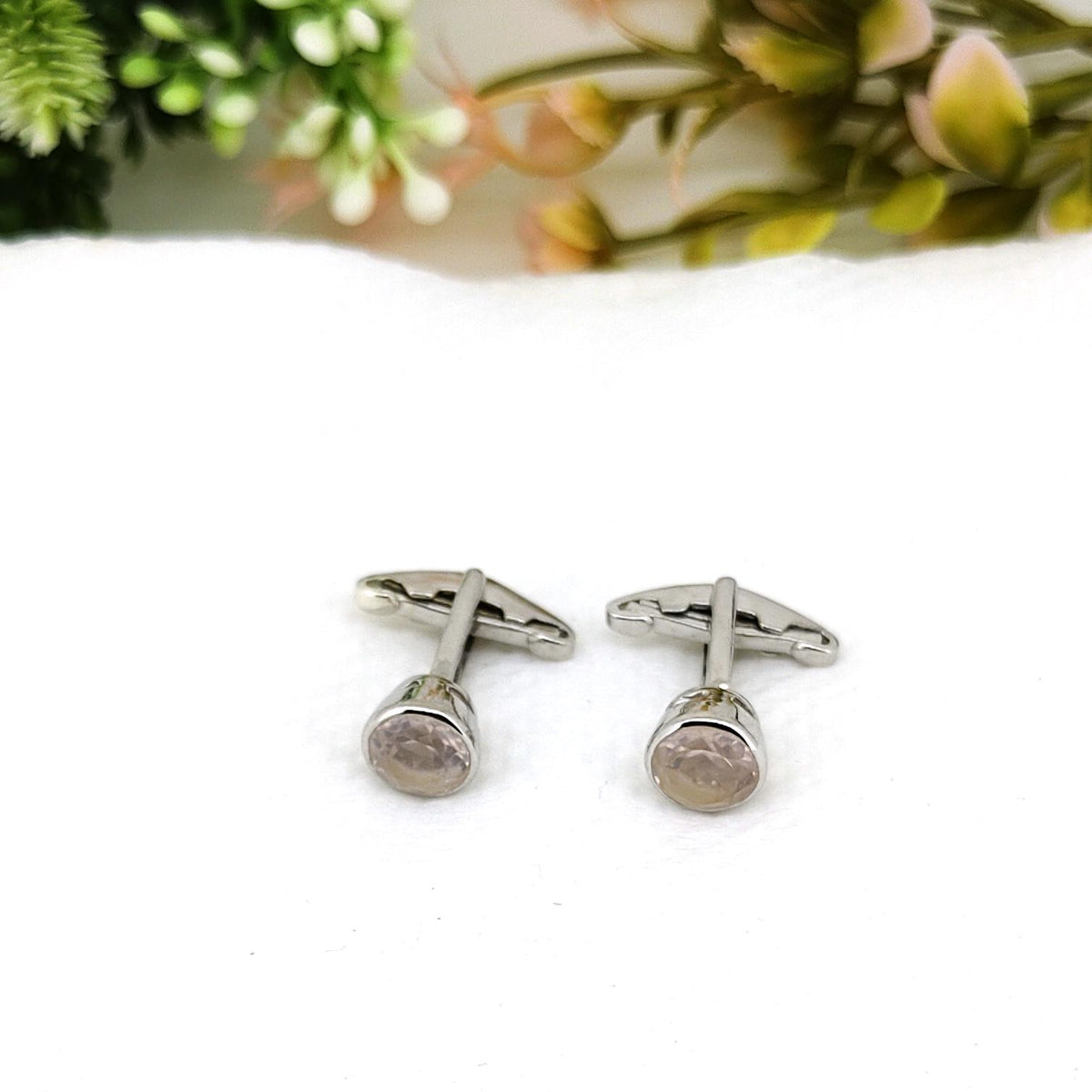 Rose Quartz Sterling Silver Cufflinks, Handmade Gemstone Anniversary Gift for Husband