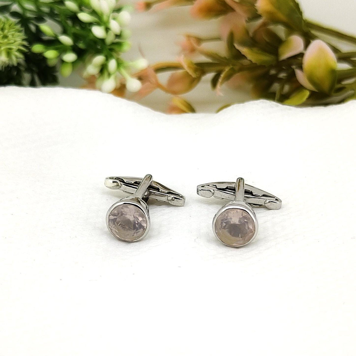 Rose Quartz Sterling Silver Cufflinks, Handmade Gemstone Anniversary Gift for Husband