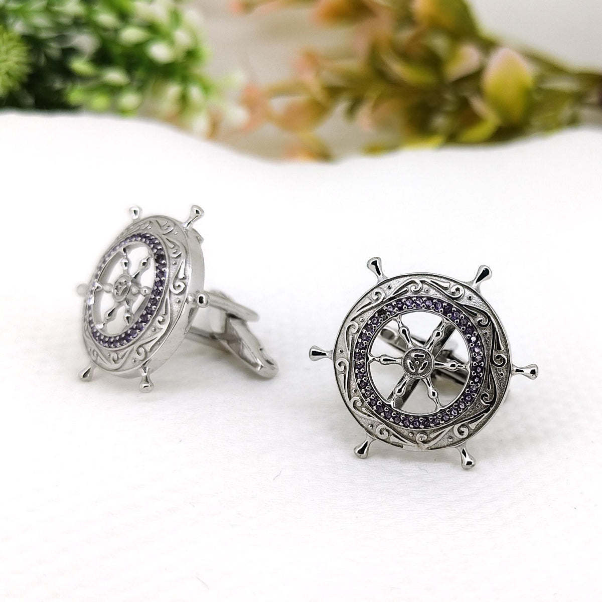 Handmade Sterling Silver Amethyst Cufflinks Nautical Ship Wheel February Birthstone