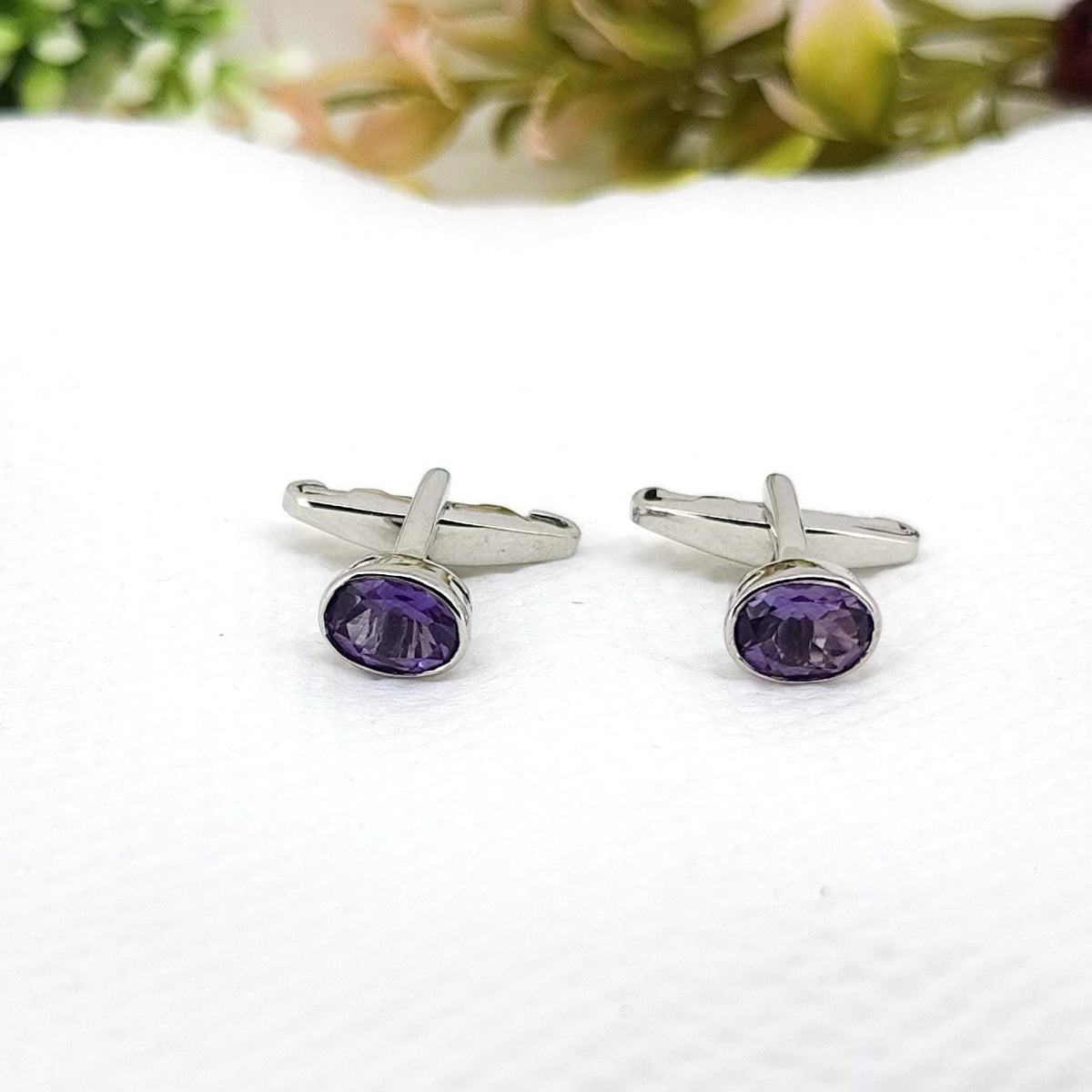 Amethyst Cufflinks- Handmade Sterling Silver, Purple Oval Gemstone -February Birthstone- Gifts For Her
