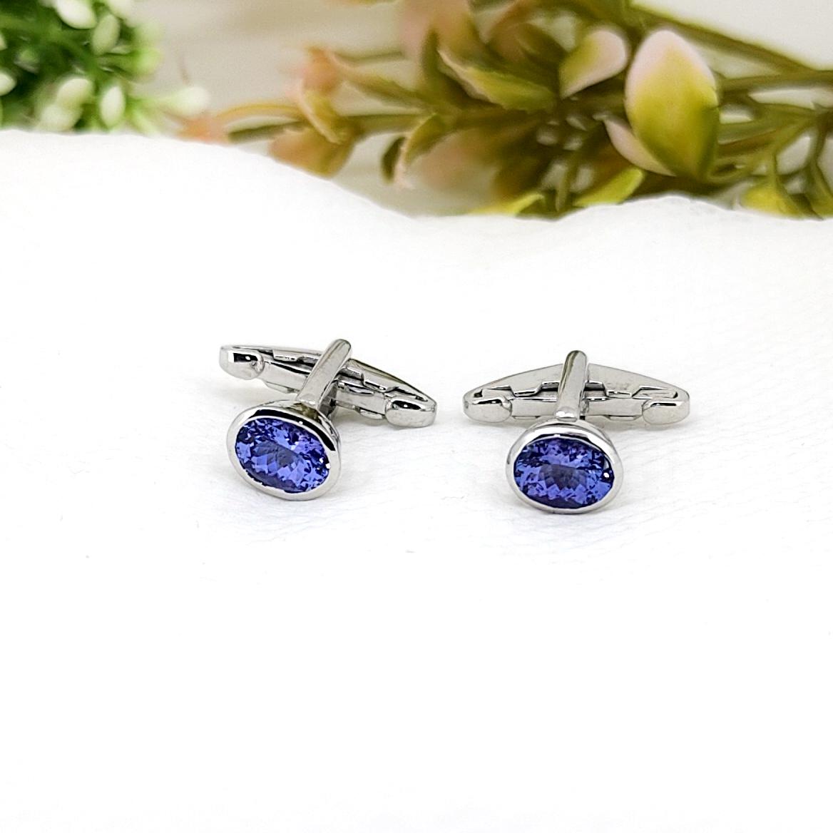 Tanzanite Sterling Silver Gemstone Cufflinks Handmade Birthstone Minimalist Anniversary Gift
