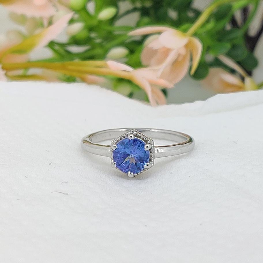 Round Cut Tanzanite Sterling Silver Solitaire Ring, Natural Blue December Birthstone