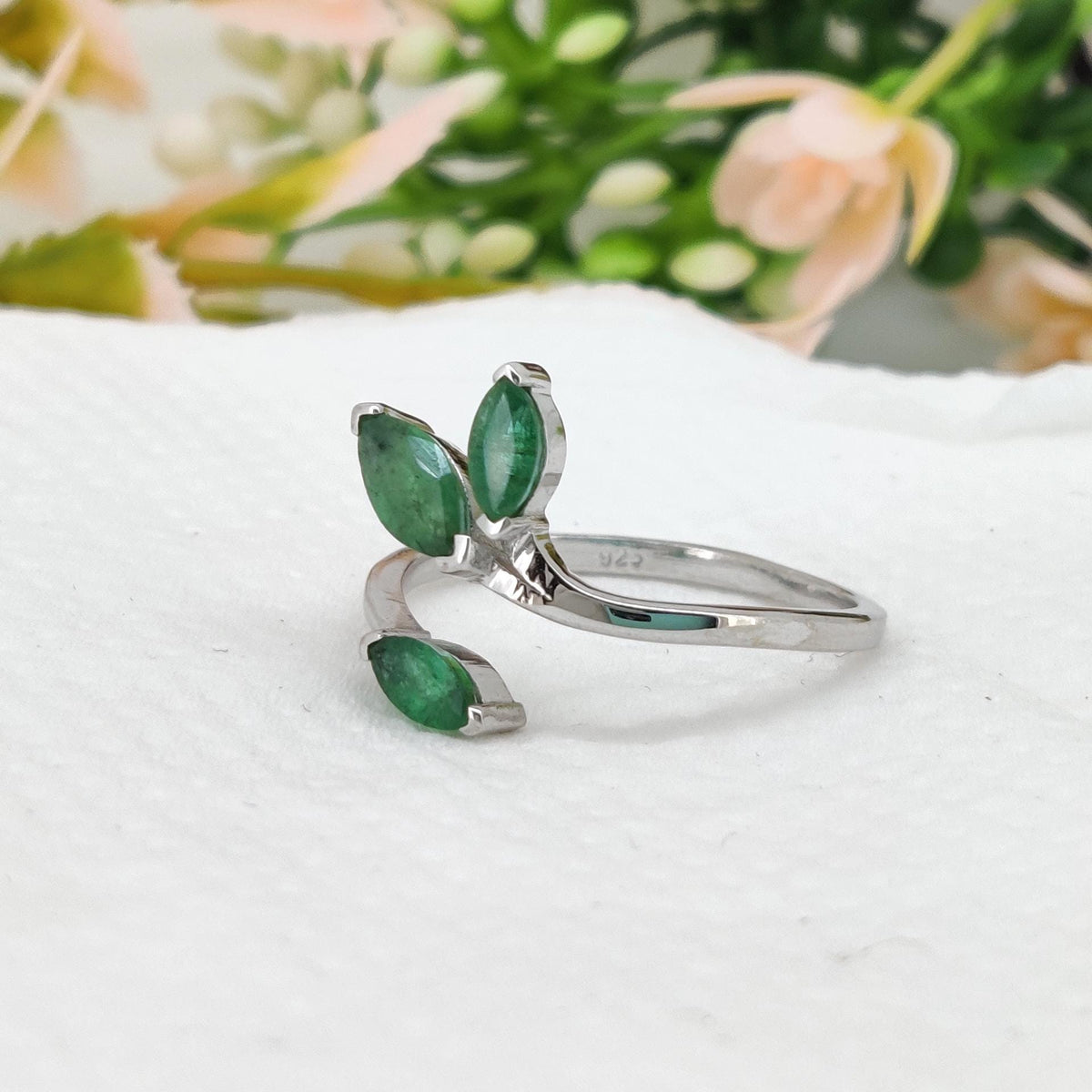 Natural Emerald Marquise Sterling Silver Bypass Ring, May Birthstone Gift